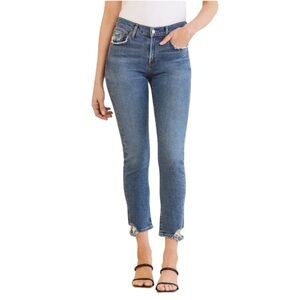 AGOLDE Toni Mid Rise Straight Leg Ankle Blue Denim Jean Distressed Hem Size 28